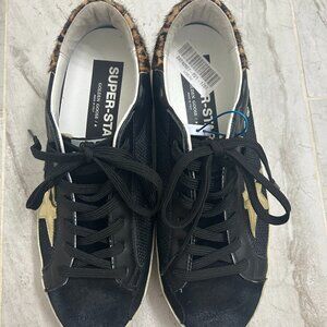 Golden Goose Superstar Black Leather/Mesh/Suede, Gold Star Leopard Heel  EU 40